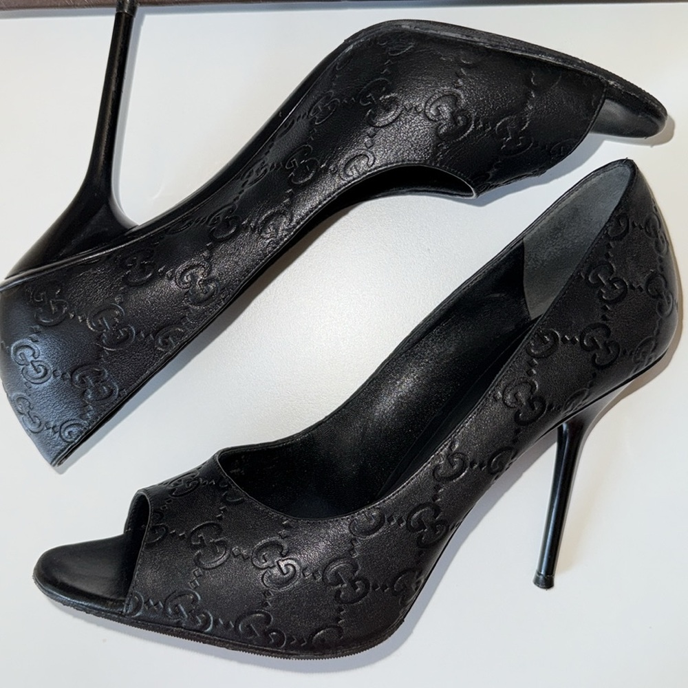 Gucci Guccissima Black Women's Stiletto Peep Toe Heels Size 41 - Picture 3 of 16